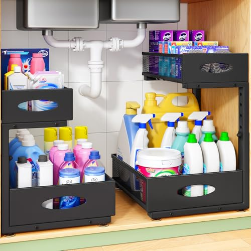 Kitstorack Organizador Bajo Fregadero Extraíble de 2 Niveles, Pack de 2, Cestas de Malla de Gran Capacidad, Estante Ajustable en Altura con Diseño en L para Cocina, Baño y Lavandería, Negro