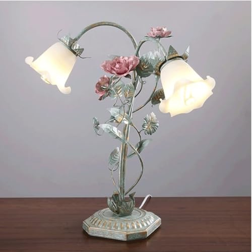 Metalldalslampa Bordslampa Skrivbordslampa med 2 ljuskällor Glas Nattduksbordslampa Rosblomma LED med grönt blad Moderiktig blommig