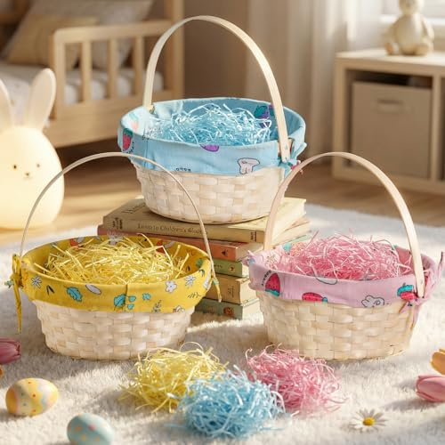 Lanpn Natural Bamboo Easter Basket 3 Pcs Yellow Pink Blue Woven Baskets with Bunny Pattern Fabric Ties and Raffia Grass Fillers Ideal for Egg Hunts Sweets Gifts Picnic Basket Easter Décor
