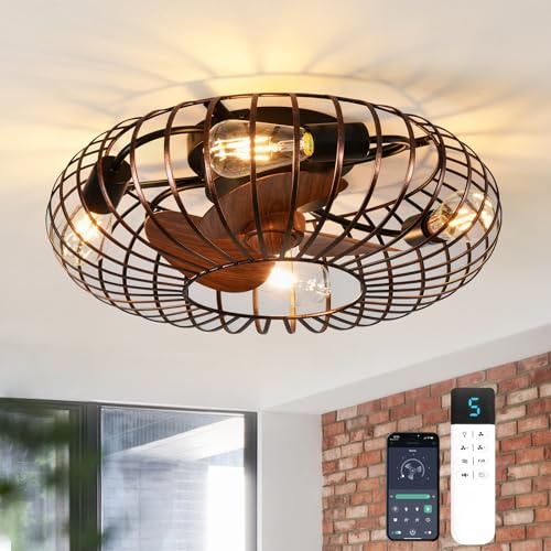 XSXUDODP Ventilatore da Soffitto Industriale con Luci e Telecomando, Gabbia in Vintage Ventilatore da Soffitto con Luce 50cm per Camera da Letto Soggiorno, Lampadina E27, Colore Rame