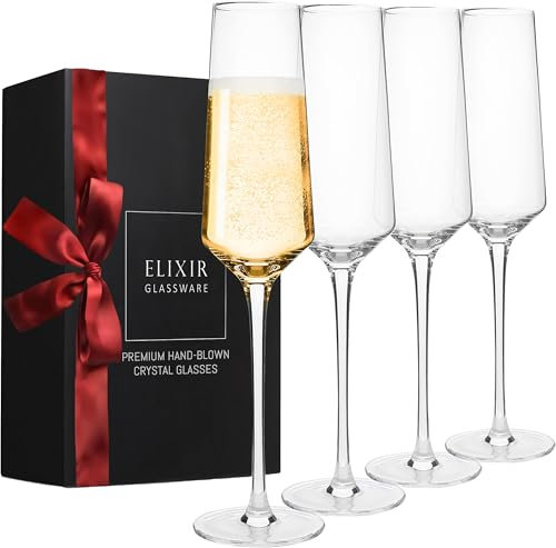ELIXIR GLASSWARE Classy Flûtes à champagne en cristal soufflé à la main – Lot de 4 flûtes élégantes 100% sans plomb – Cadeau pour mariage, anniversaire, Noël – 236,8 g – Transparent