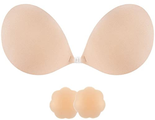 SHINYMOD Strapless Bra, Invisible Backless Bra Breast Lift Up Push Up Padded Sticky Bras Bigger Bust Self Adhensive Nipple Cover Reusable Bra for Wedding Dress Swimsuit Women, Beige, D