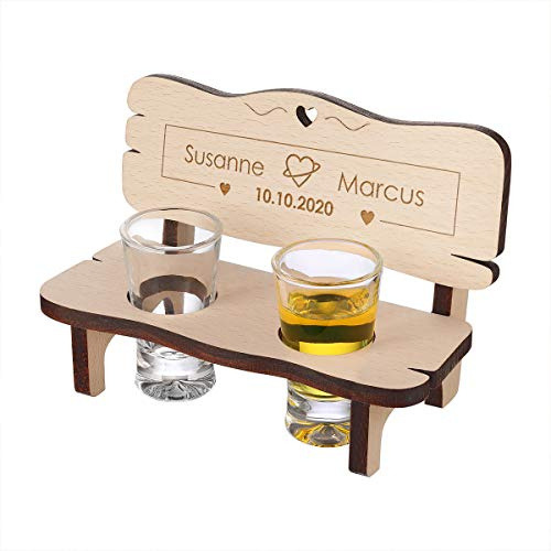 polar-effekt Schnapsbank mit 2 Schnapsgläser inkl. Personalisierung - hochwertiges Geschenkset für Verliebte zum Jahrestag aus Holz, graviert mit Namen - Motiv Rahmen mit Herz