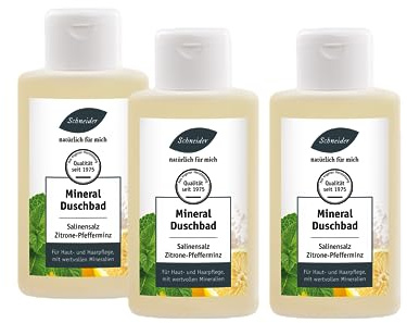 Saunabedarf Schneider - Duschbad-Set, Salinensalz-Mineral-Duschbad Sandelholz und Citrus, Dusch- und Badeschaum Rosenblüte, 3x 250ml