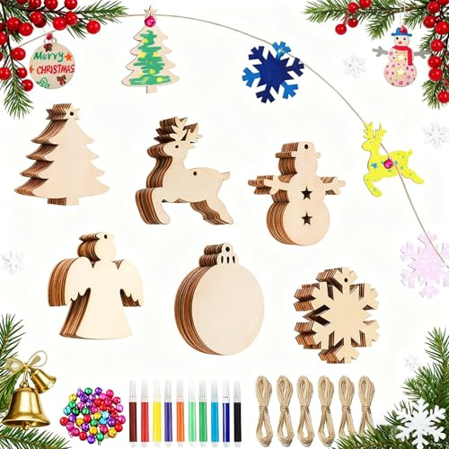 Vasemele Christmas Tree Decorations Wooden 194 Stück Weihnachtsanhänger Tannenschmuck Christbaumschmuck Weihnachts Holz-Anhänger Weihnachten Holzverzierung mit Schnüre Aquarellstift Glocke