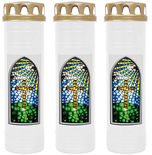 HS Candle Grabkerze Grablicht - 3er Pack - mit Motiv (Fenster Kreuz) - ca 170h / 7 Tage Brenndauer je Kerze (26cm, Ø 7cm) - viele versch. Designs