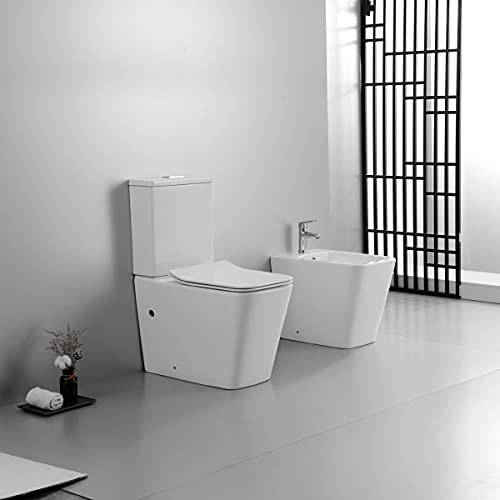 Yellowshop - Sanitari bagno a terra filo muro - Set vaso monoblocco rimless e bidet a terra con coprivaso soft-close serie Plain