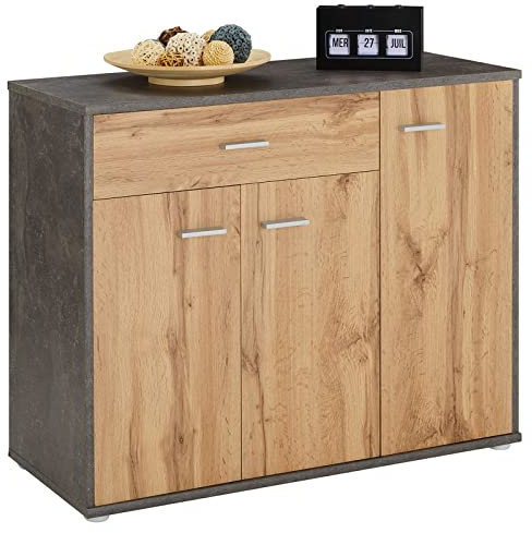 CARO-Möbel Schuhschrank DEUSTO 3 Türen 1 Schublade 7 Einlageböden für Flur und Eingangsbereich - Schuhregal geschlossen - Schuhaufbewahrung Sideboard betonoptik/Eiche