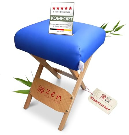 ZEN - Sgabello pieghevole in legno con morbido cuscino - Sgabello per massaggio 48 x 33 x 33 cm - Sedia pieghevole per lettini da massaggio - Accessori per massaggio (blu reale)