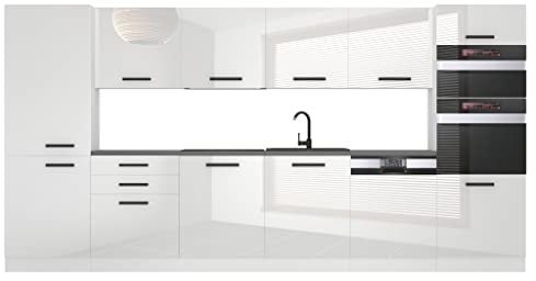 Belini Küchenzeile Küchenblock Naomi - Küchenmöbel 360 cm Einbauküche Vollausstattung ohne Elektrogeräten mit Hängeschränke und Unterschränke, mit Arbeitsplatten, Weiß Hochglanz