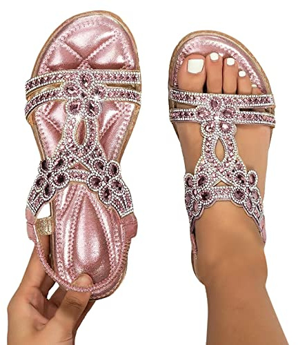 Fulidngzg Women's Elegant Black Sandals for Party, Summer, Beach, Wedding - Breathable Straps, Flat Roman Gladiator Sandals, T Pink, 4.5 UK