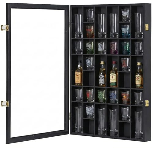 Furnishh 36 Slots Shot Glass Display Case with Lockable Door, Solid Wood Cabinet Collection Holder Wall Mounted Shot Glass Display Storage Box with Removable Shelves, 18x26, Black