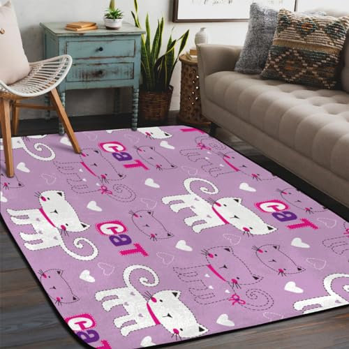 Retro Cartoon Katzen Bereich Teppich für Schlafzimmer Wohnzimmer 4 x 6 Fuß Weich Flauschig Indoor Boden Teppich rutschfest Waschbar Moderne Teppiche für Wohnheim Kinderzimmer Kinderzimmer Wohnkultur