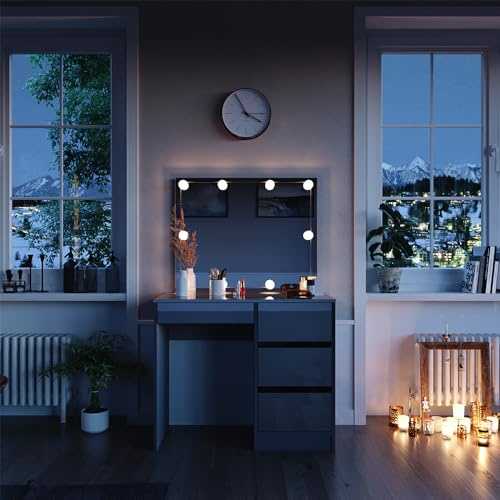 Vicco Schminktisch Sherry, Grau, 90 cm mit LED Beleuchtung und Hocker, höhenverstellbarer Hocker mit 360° Drehfunktion zur Sitzanpassung