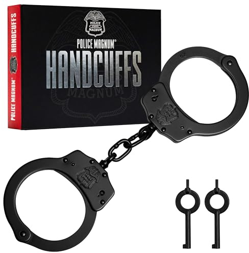 Police Magnum Heavy Duty Steel Handcuffs-Professional Grade Restraints- Double Safety Locks-Security Guard-Law Enforcement Tactical Gear (Black)