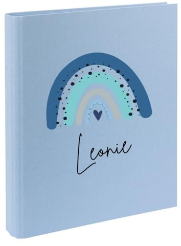 minimutz Zeugnismappe Kinder mit Name personalisiert - Dokumentenmappe Regenbogen blau für Jungen - Zeugnisordner Leinen zum Einsortieren (hellblau)