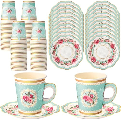 Tioncy 100 Pcs Tea Party Decorations Include 50 Pieces 9 oz Paper Tea Cups with Handle and 50 Plates Disposable Teacups and Saucers Sets for Birthday(Blue Floral)