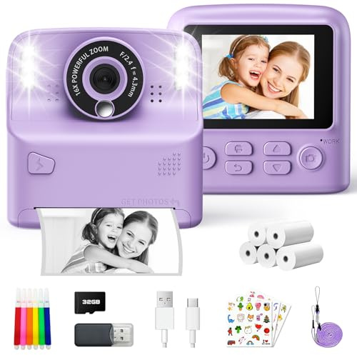 PHNIXGAM Appareil photo instantané pour enfants, appareil photo numérique pour enfants, appareil photo HD 2,4, cadeau pour garçons et filles, y compris 5 rouleaux de papier d'impression et carte de