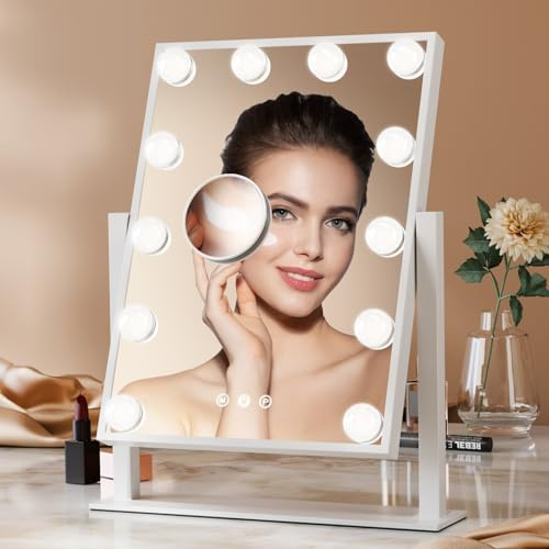 Heilmetz Hollywood Vanity Mirror 41 x 30 cm, 3 Light Colours, Dimmable | 12 LED Bulbs, 7× Detachable Magnifying Mirror, 360° Adjustable Tilt, Touch Control, Memory Function, White Freestanding Base