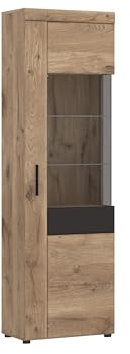 möbelando Glasvitrine >Grano< in Viking Eiche Dekor/Kosmos Grau - 58x195x37,4 (BxHxT)