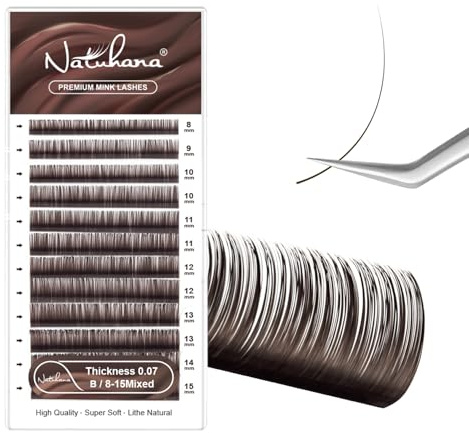 Natuhana Extension Ciglia Colorati 0.07 B Curl Classico Singole One to One Individuale Finte Ciglia Naturali Lash Extensions Volume Russo Professionale(Marroni Scuro, B, 8-15Mix)