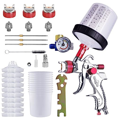 HVLP Spray Gun, Paint Sprayer with 10pcs 600ML Disposable Cups&Pressure Gauge, Car Spray Gun Kit with 3 Nozzles 1.4/1.7/2mm Nozzle Paint Mixing Quick Cup for home (Red)