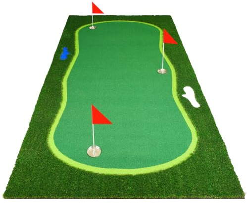 Golf Putting Green, Large Professional Golf Training Mat, Realistic Artificial Grass Turf,Golf Turf Mat with 3 Flags, Golf Game Kids, Putting Practice Green Mat for Indoor Outdoor (5X10ft)