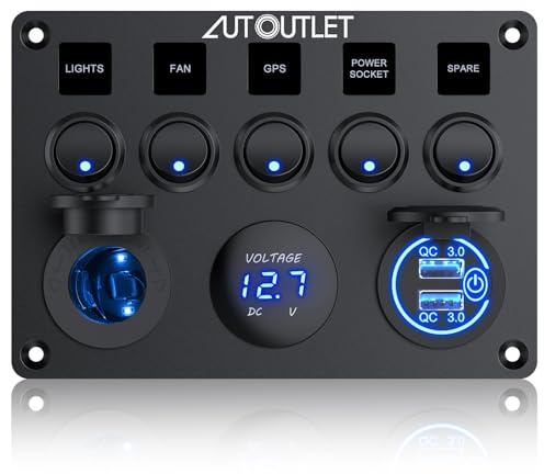 AUTOUTLET 5 Gang Pannello Interruttore a Bilanciere Rotondo,12V/24V,Impermeabile IP66,Doppia Porta di Ricarica USB,Pannello per Interruttore a Levetta con Adesivo,per Auto,Camion