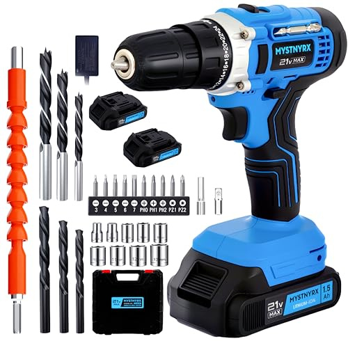 MYSTNYRX 21V Max Cordless Drill Driver Kit with 2 Batteries & Fast Charger, 266 in-lbs Power Drill Set for Home Improvement, 3/8 Keyless Chuck, 2-Speed, 24+1 Clutch, 26-Piece Bit Set & Sturdy Case