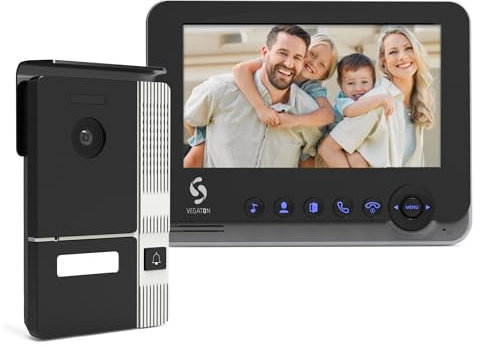 VEGATON Videocitofono Monofamiliare 2 Fili, Monitor 7 a Colori, Visione Notturna, Audio Bidirezionale, Sblocco Tramite Monitor, Campanello con Telecamera, Installazione Facile, APLS 200