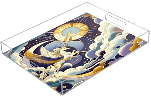 Unicorn Horse Moon Acrylic Serving Trays, Clear Rectangular Tray with Handles Serving Platter for Coffee Table Kitchen Bathroom