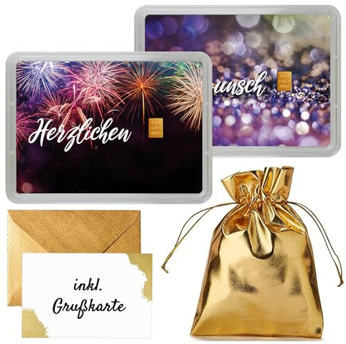 Gold zum Geburtstag verschenken - Goldbarren 0,5g in Geschenk Motivbox “Herzlichen Glückwunsch” - Feingold - Echtheitsgarantie inkl. Grußkarte & goldenem Geschenkbeutel