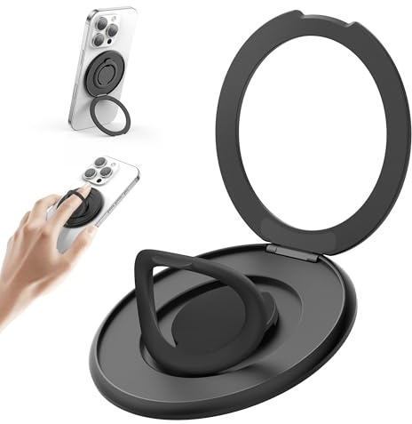 SURPHY Magnetic phone Ring Stand, 360° Rotating & Foldable Silicone Phone Ring Holder Grip for iPhone 16 15 14 13 12, Galaxy S25 Series, Black