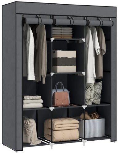 HOMCOM Fabric Wardrobe with 8 Shelves, 125 x 43 x 162.5 cm, Dark Grey | Portable Wardrobe, Clothes Storage Unit, 2 Hanging Rods