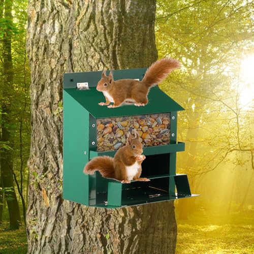 Metal Squirrel Feeder for Outdoors, Large Capacity Heavy Duty Chipmunk Feeding House with Transparent Bin Wildlife Feeding Station for Garden Yard and Outdoors Decoration, Garden Accessories