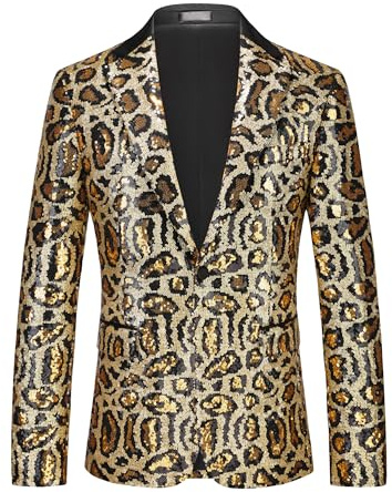 MOGU Men's Sequin Jacket Leopard Print Sparkly Glitter Blazer Shiny Dress Tuxedo Sport Coats for Party Prom Dinner Stage Club Size XL Gold