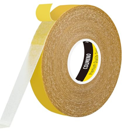COUMENO Double Sided Tape 15mm x 20m, No-Residue Heavy Duty Mounting Tape | Strong Adhesive Mounting Tape with Transparent Cloth Mesh. Hand-Tearable. Easy-Use Clear Tape for Carpets, Walls, Pictures.