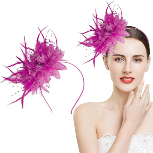 Rosrött fascinator-pannband, håraccessoarer i fjädernät, konstgjorda blommor, fascinatorer för kvinnor, bröllop, cocktail- och tebjudningar