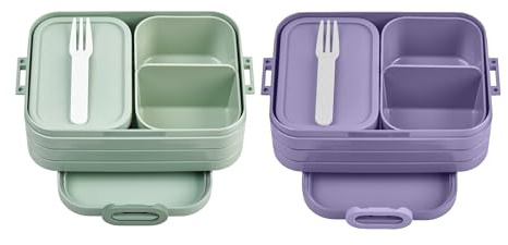 Mepal Bento Brotdose Midi Take A Break Mixed - mit Bento Box - Für 2 Sandwiches oder 4 Brotscheiben - Lunchbox für kleine Snacks & Reste - Erwachsene Essenbox mit Fächern - Nordic Sage & Vivid Lilac