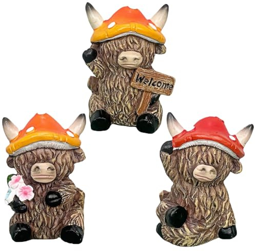 Vexthorion Highland Cow Figurines, Highland Cow Figure Statues 3pcs Mushroom Hat Highland Cattle Statue Animal Garden decoration Ideal Ornaments Friendship Gifts Room Accessorie Brown
