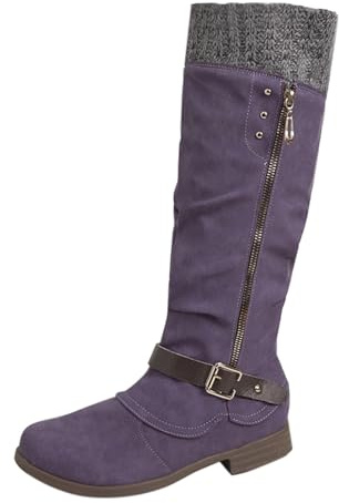 Generisch Women's Winter Knee Boots, Women's Boots with Round and Side Zip, Square Heel, Plain Non-Slip Winter Mid Tube Boots, Lightweight Shoes, purple, 10 UK