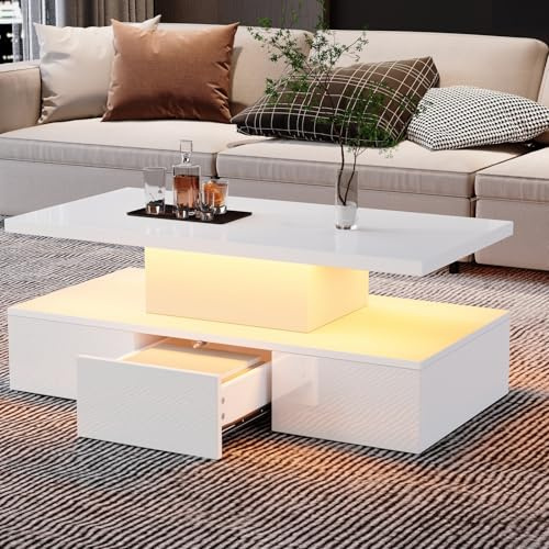 PUGSDRLY Table Basse 100 * 50 * 39cm à Deux Niveaux avec éclairage LED 16 Couleurs, Table de Salon Blanche Brillante, Table Basse avec étagères Ouvertes et Un tiroir Coulissant