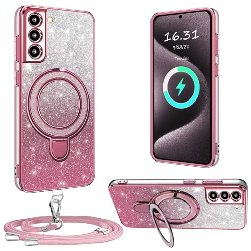 XCYYOO HandyHülle für Samsung Galaxy S21 5G Hülle mit Band,[Mit Abnehmbarem Handykette] Transparente Silikon Stoßfest Schutzhülle Ring Ständer Case mit Kette für S21 5G Samsung -Rosa