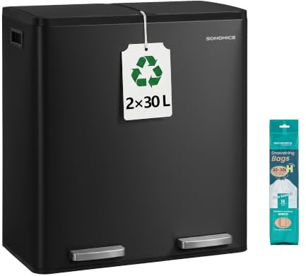SONGMICS Pedalhink för Källsortering, 60 L (2 x 30 L), i Stål | Soptunna, Mjukstängande Lock, Inklusive 15 Soppåsar, 59,1 x 36,5 x 62,7 cm, för Kök, Svart, PARY Kollektion LTB160BZ02