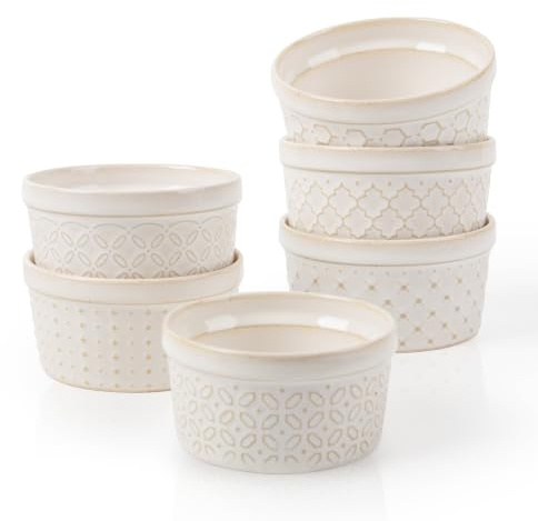 DOWAN Porcelain Ramekins Set of 6, 8 oz / 240 ml, Creme Brulee Ramekins | Soufflé Bowls, Small Baking Dishes, Oven & Air Fryer Safe, Desserts, Dips & Puddings, Embossed Reactive Glaze, Arctic White
