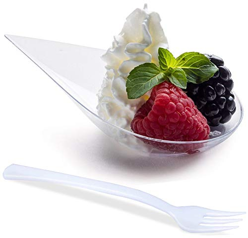 DLux 100 4-in Tear Drop Mini Appetizer Plates with Forks, re-usable Clear Plastic Spoons - Desserts and Appetizers Dishes Serving Plate - Asian Spoon Set, Small Catering Dessert Tasting Cups