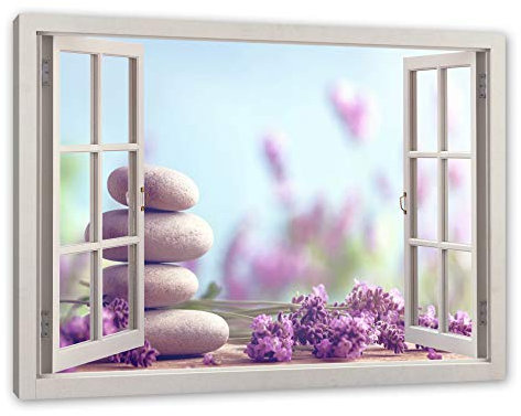 Pixxprint Lavendel Spa-Stillleben, Fenster, Größe: 100x70cm, Leinwandbild, fertig gespannt, Wandbild, Dekoration, Kunstdruck, kein Poster