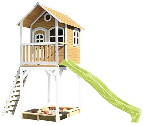 AXI Spielhaus Romy mit Sandkasten & hellgrüner Rutsche | Stelzenhaus in Braun & Weiß aus FSC Holz für Kinder | Spielturm für den Garten