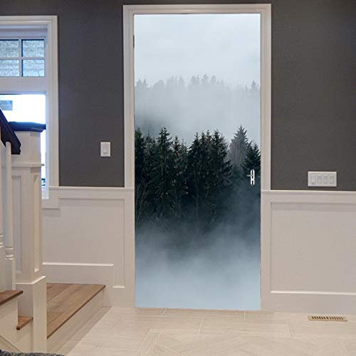 A.Monamour Türtapete Selbstklebend Türfolie Türposter 3D Neblige Neblige Düstere Wald Bäume Natur Landschaft Schwarz Und Weiß Vinyl Folie Türdeko Tapete Wandbild Türaufkleber Türtattoo 90 x 200 cm