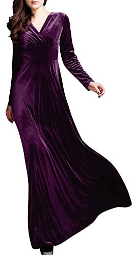 ZYUEER Femme Robe de Soirée en Velours doré Col V Robe de Cocktail à Manches Longues Chic Vintage Robe Longue Sexy Fete Robe de Mariage Demoiselle d'honneur (Violet, M)